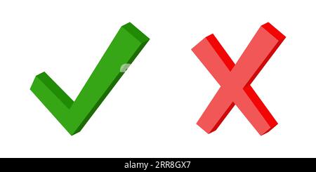 3d green check mark symbol and red cross, yes sign fact and myth, verified fulfilled correct answer Stock Vector