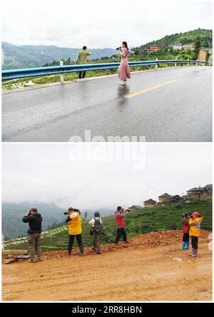 210509 -- GUIYANG, May 9, 2021 -- In this combo photo, tourists take pictures of Jiabang terraced fields along the newly-paved road in Congjiang County, southwest China s Guizhou Province, May 4, 2021 upper, photo taken by , and tourists snap the terraced fields with their cameras on an unsurfaced road in 2011 photo taken by Mo Xiaoshu. Persistent wet weather shrouds the terraces with a blanket of cloud and mist on most mornings. The dreamy landscape is what you can fancy and find in pictures snapped by Mo Xiaoshu. Mo, a 39-year-old civil servant, has taken more than 100,000 photos recording J Stock Photo