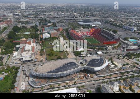 A general overall aerial view of the Lucas Museum of Narrative Art construction site and Los Angeles Memorial Coliseum, Friday, Sept. 1, 2023, in Los Angeles. Stock Photo