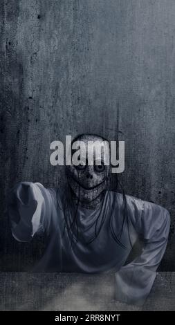 Scary Momo standing behind the wall in the dark background. Scary face for  Halloween. Halloween concept Stock Photo - Alamy