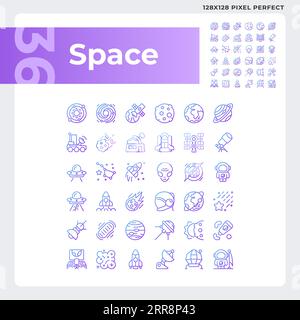 Space pixel perfect gradient linear vector icons set Stock Vector