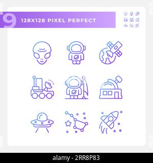 Space exploration pixel perfect gradient linear vector icons set Stock Vector