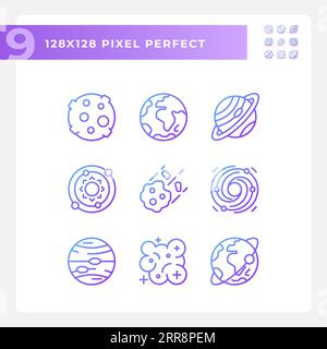 Celestial bodies pixel perfect gradient linear vector icons set Stock Vector