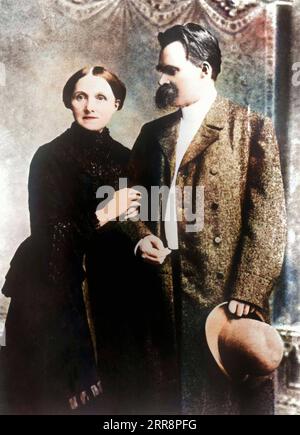 Portrait of the German philosopher Friedrich Wilhelm Nietzsche (1844 - 1900 ) with his mother Franziska circa 1890 - Later coloring. Stock Photo