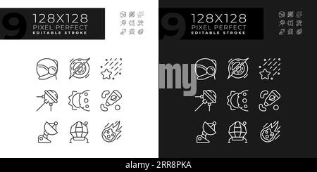 Space station pixel perfect linear icons set for dark, light mode Stock Vector
