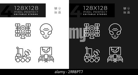 Sci fi pixel perfect linear icons set for dark, light mode Stock Vector