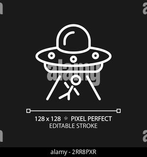 Alien abduction pixel perfect white linear icon for dark theme Stock Vector
