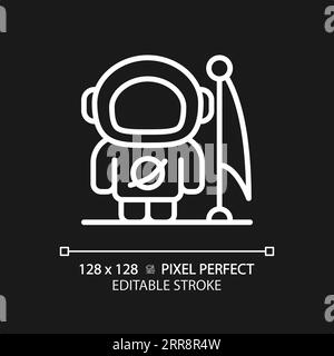 Man on moon pixel perfect white linear icon for dark theme Stock Vector