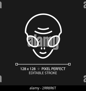 Alien face pixel perfect white linear icon for dark theme Stock Vector