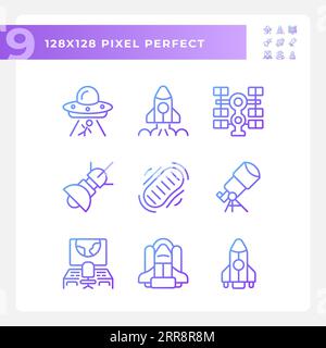 Science fiction pixel perfect gradient linear vector icons set Stock Vector