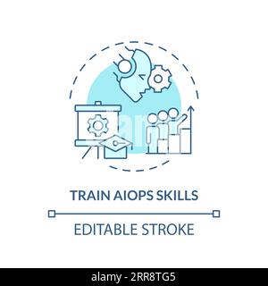 2D thin linear blue train AI ops skills icon Stock Vector