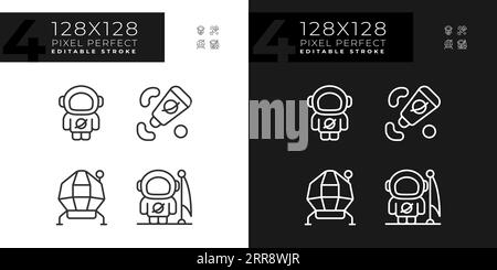 Moon mission pixel perfect linear icons set for dark, light mode Stock Vector