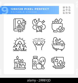 Set of editable pixel perfect black meditation icons Stock Vector