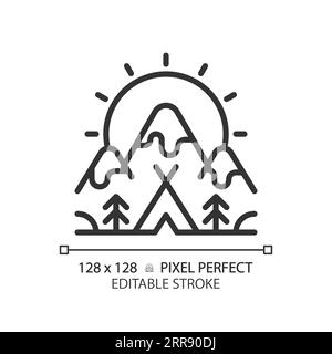 2D customizable camping and mountain black linear icon Stock Vector