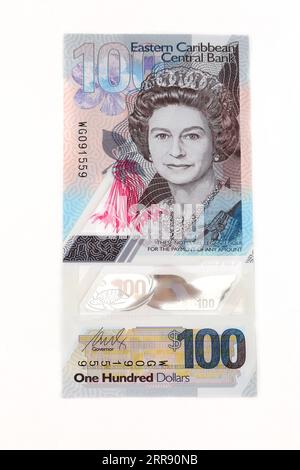 Eastern Caribbean Central Bank Polymer Dollars  2019 issue Vertical Format 100 Dollars Obverse Side showing Queen Elizabeth II Stock Photo