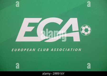 Berlin, Germany. 07th Sep, 2023. Soccer: The logo of the European Club Association (ECA). Credit: Gerald Matzka/dpa - IMPORTANT NOTE: In accordance with the requirements of the DFL Deutsche Fußball Liga and the DFB Deutscher Fußball-Bund, it is prohibited to use or have used photographs taken in the stadium and/or of the match in the form of sequence pictures and/or video-like photo series./dpa/Alamy Live News Stock Photo