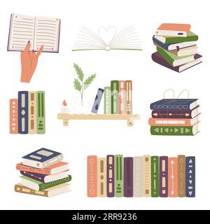 Set with books. A hand holds a book, stack of books, books on a shelf, open book. Symbol of education, study, science, reading, learning. Simple flat Stock Vector