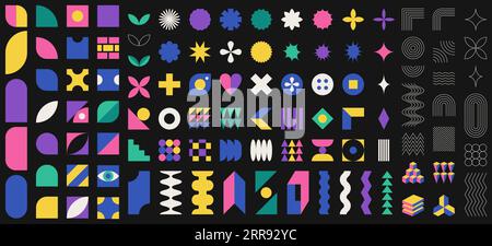Collection of flat and outline abstract geometric shapes. Brutalism, Swiss minimalism, Bauhaus style inspired. Color Vector design elements isolated o Stock Vector