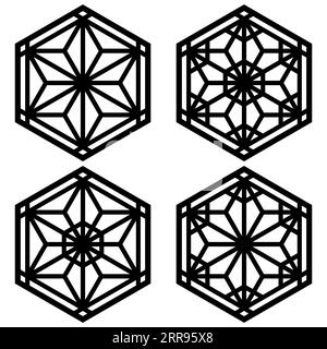 A set of four design elements Based on ornaments of the traditional Japanese craft Kumiko Zaiku.Black color lines Stock Vector