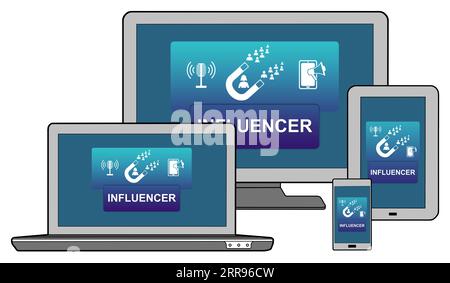 Influencer concept shown on different information technology devices Stock Photo