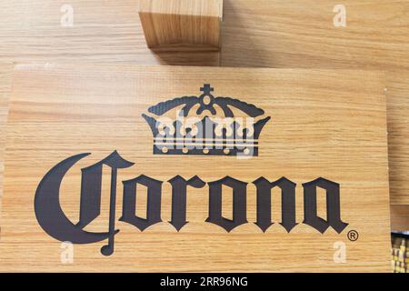 Bordeaux , France -  08 19 2023 : Corona Extra Beer logo brand and text sign on wooden market panel advertising Stock Photo
