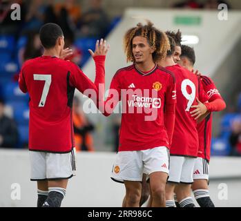 Chester, Cheshire, England, 7th August 2023.  Manchester United’s Hannibal Mejbri celebrates the opening goal of the during, Chester Football Club V Manchester United XI in a pre season friendly at the Deva Stadium. (Credit Image: ©Cody Froggatt/Alamy Live News) Stock Photo