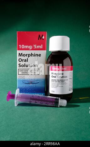 bottle of morphine oral solution on green background Stock Photo