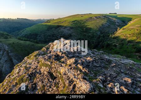 Dovedale from the summit of Thorpe Cloud on a summer evening, Peak District National Park, Derbyshire, England Stock Photo