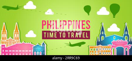 green banner of phillipines famous  silhouette colorful style,plane and balloon fly around with cloud,vector illustration Stock Vector