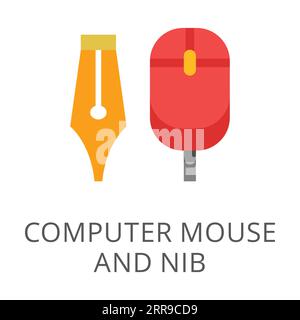 Fountain pen nib and red computer mouse flat vector icon Stock Vector
