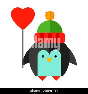Cute penguin in winter knitted hat flat vector icon Stock Vector