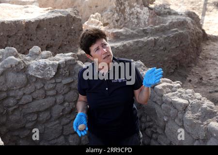210609 -- YAVNE ISRAEL, June 9, 2021 -- An Israeli archeologist shows an intact chicken s egg of roughly 1,000 years ago in Yavne, central Israel, on June 9, 2021. Israeli archeologists have discovered an intact chicken s egg of roughly 1,000 years ago, the Israel Antiquities Authority IAA said Wednesday. The egg was found in an excavation site in Yavne, in a cesspit dating from the Islamic period. Photo by /Xinhua ISRAEL-YAVNE-ARCHEOLOGY-EGG GilxCohenxMagen PUBLICATIONxNOTxINxCHN