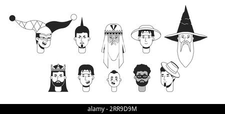 Different men faces monochrome flat linear character head Stock Vector