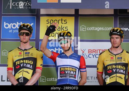 Felixstowe, UK. 7th Sep 2023. Stage five of the Tour of Britain starts and finishes in Felixstowe. Record-equalling Jumbo Visma rider Olav Kooij is introduced before the race and looks to make it five straight stage victories. Credit: Eastern Views/Alamy Live News Stock Photo