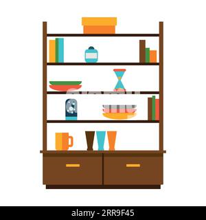 Cabinet with dishes, recipe books for kitchen flat vector icon Stock Vector