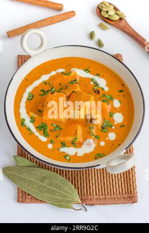 Paneer Butter Masala Top Down Photo, Indian Cottage Cheese Vegetarian Dish Stock Photo