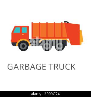 Side view of orange garbage truck flat vector icon Stock Vector