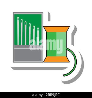 Box with needles and spool of thread flat paper sticker icon Stock Vector