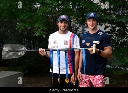 Prague, Czech Republic. 07th Sep, 2023. Czech canoeists Petr and Martin (left) Fuksa won silver medal in the Canoe Sprint - Men's Canoe Double 500m race, C2 category, at the ICF World Championships held as a test event for the upcoming 2024 Paris Olympic Games in Paris, France, August 31, 2023. Brothers pose for photographers during the press cenference in Prague, Czech Republic, September 7, 2023. Credit: Michal Krumphanzl/CTK Photo/Alamy Live News Stock Photo