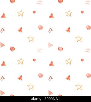 Hand drawn seamless pattern with soft yellow stars and orange pink cute childish elements. Doodle kiddish icons in nice pattern isolated on white back Stock Vector