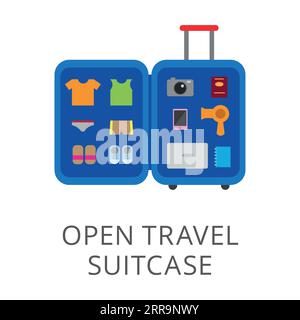 Open suitcase of passenger with clothes flat vector icon Stock Vector