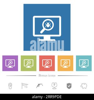 Spyware scanning flat white icons in square backgrounds. 6 bonus icons included. Stock Vector