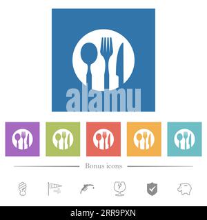 Tableware set solid flat white icons in square backgrounds. 6 bonus icons included. Stock Vector
