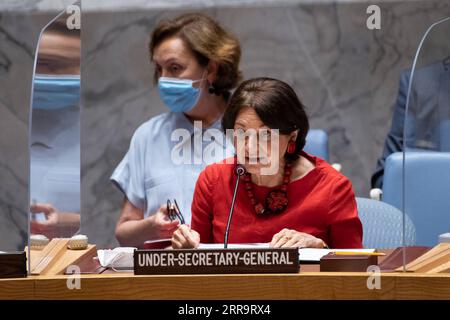 210630 -- UNITED NATIONS, June 30, 2021 -- UN Undersecretary-General for Political and Peacebuilding Affairs Rosemary DiCarlo Front briefs a Security Council meeting on non-proliferation at the UN headquarters in New York, on June 30, 2021. Rosemary DiCarlo on Wednesday echoed the secretary-general s appeal to the United States to lift or waive its sanctions outlined in the Joint Comprehensive Plan of Action JCPOA, known commonly as the Iran nuclear deal or Iran deal. /Handout via Xinhua UN-SECURITY COUNCIL-MEETING-NON-PROLIFERATION EskinderxDebebe/UNxPhoto PUBLICATIONxNOTxINxCHN Stock Photo