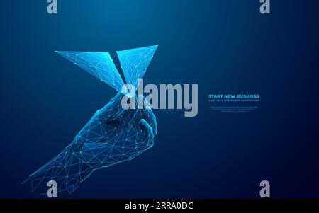 Close-up hand holding paper airplane on technology blue background. Stock Vector