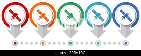 Satellite, connection, communication, technology vector icon set, flat design infographic template, set pointer concept icons in 5 color options for w Stock Vector
