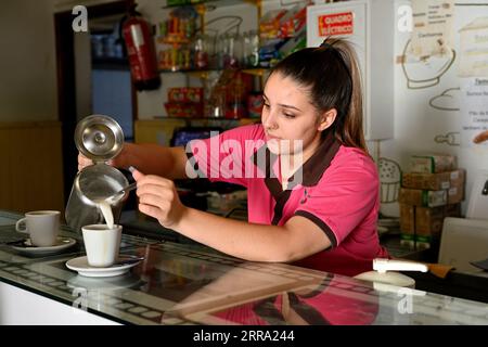 Young woman powering hot milk from jug into coffee cup when serving in restaurant Stock Photo