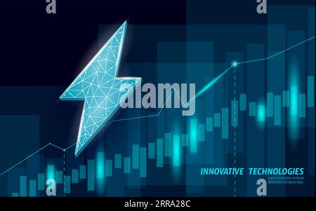 3D growing graph lightning energy sources concept. Polygonal light blue power charging industry banner vector illustration. Stock Vector