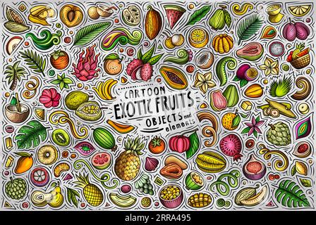 Cartoon vector doodle set features a variety of Exotic Tropical Fruits objects and symbols. The collection has a whimsical, playful feel. Perfect for Stock Vector