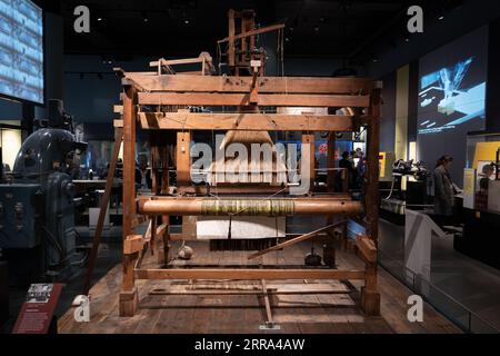 Silk weaving loom with a Jacquard attachment from 19th century in National Museum of Scotland in Edinburgh, Scotland, UK. Stock Photo